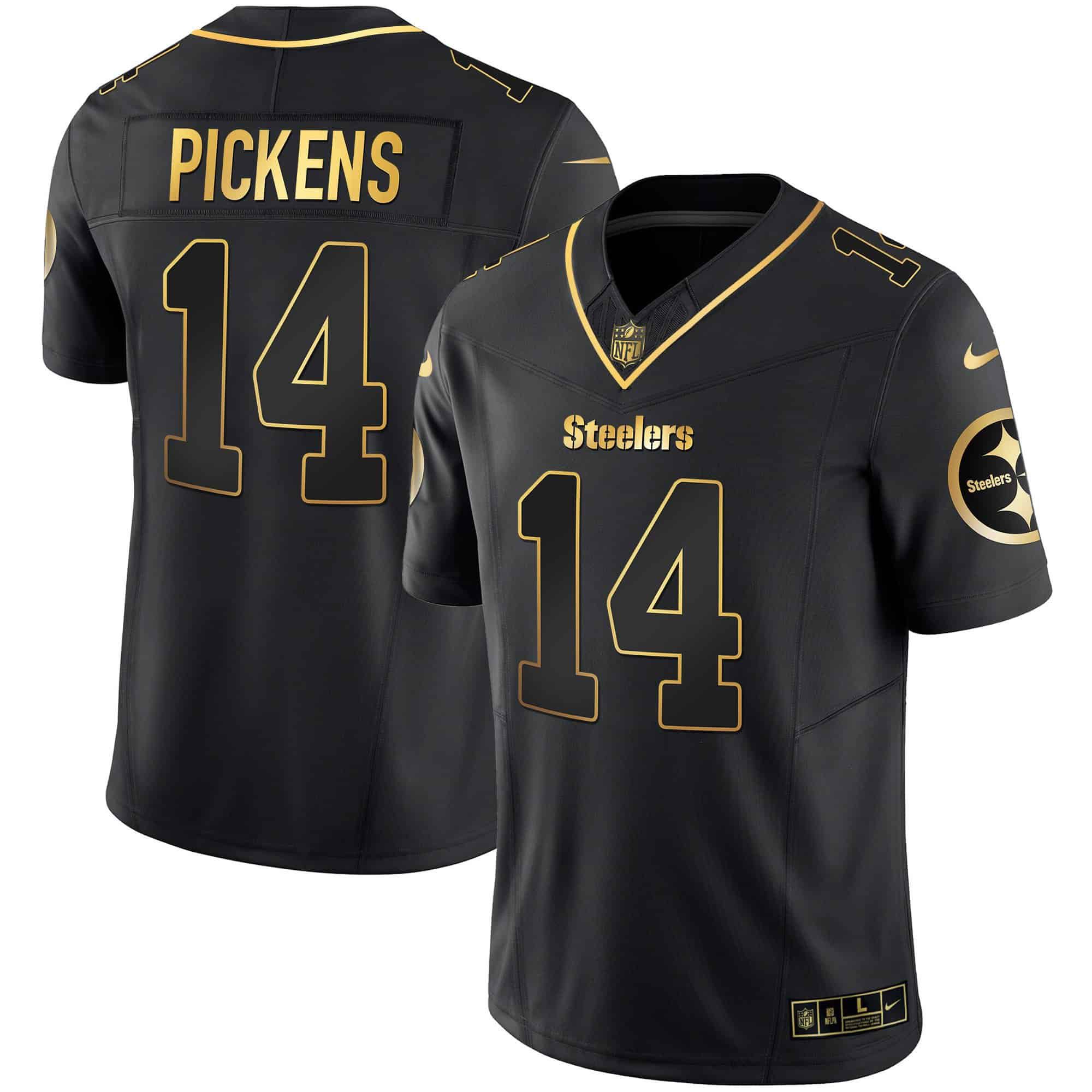 Men Pittsburgh Steelers #14 Pickens Black Gold 2024 Nike Vapor Limited NFL Jersey style 2